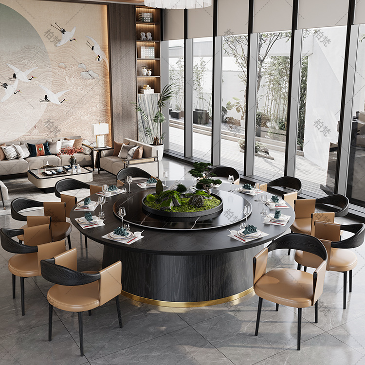Nuevo estilo chino de madera maciza mesa de comedor de tabla de roca combinación de hotel de alta calidad 3m mesa redonda eléctrica giratoria mesa de comedor para 20 personas