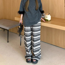 复古条纹针织裤女秋冬加绒加厚韩系慵懒高腰休闲直筒裤子2025新款