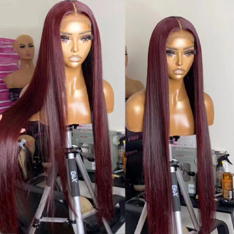 Front lace wig European and American long Straight hair Pre Plucke Silky Straight 99j wine red wig
