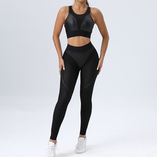 European and American New tight yoga suit mesh sexy sports bra hip lifting trousers fitness two-piece set