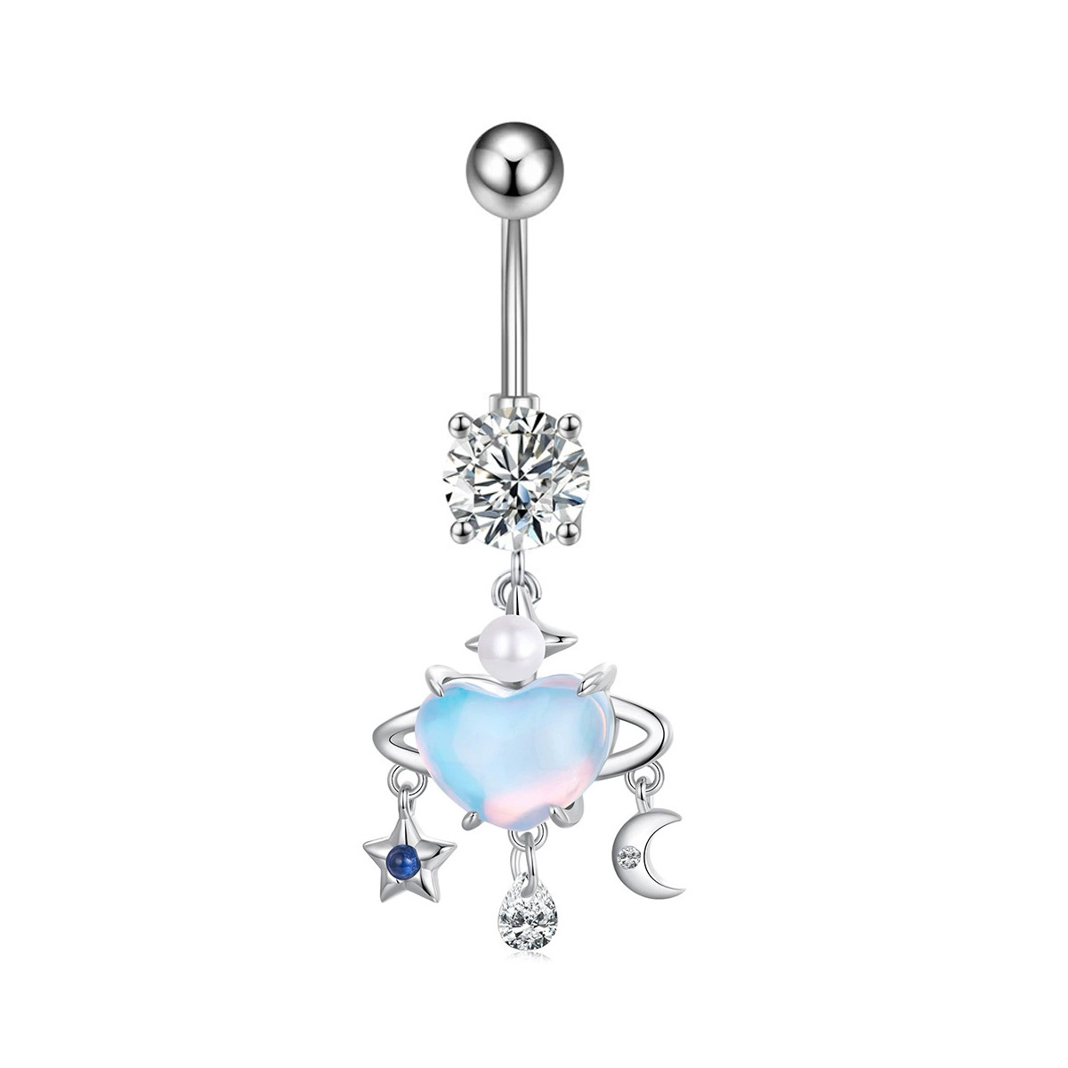 Piercing all'ombelico con pietra occhio di gatto super scintillante, intarsiato a mano e a forma di stella e luna, direttamente dalla fabbrica_voghion.com