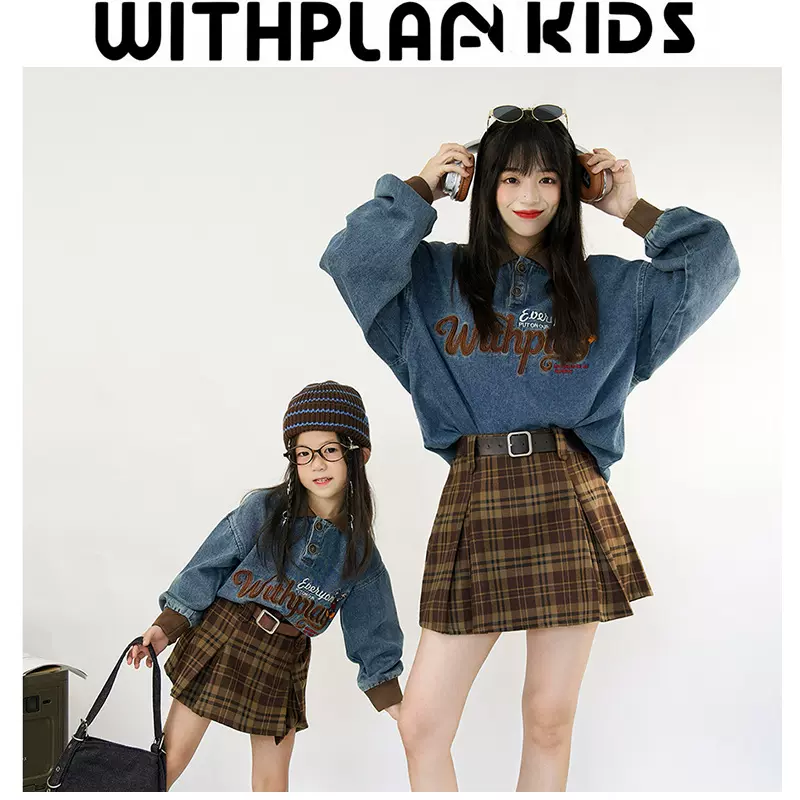 酸甜 春秋男女儿童街头潮牌原创牛仔POLO领长袖上衣美式复古卫衣