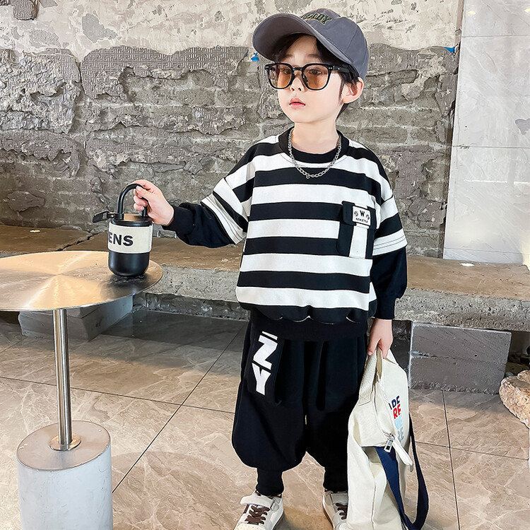 Suéteres de rayas para niños, botas, pantalones, ropa de primavera y otoño, nuevo conjunto de dos piezas moderno y moderno para niños,_voghion.com