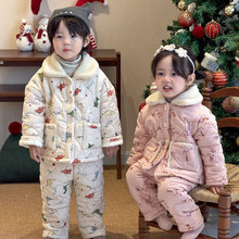 冬季新款儿童三层夹棉睡衣宝宝加绒加厚家居服男女童保暖两件套装