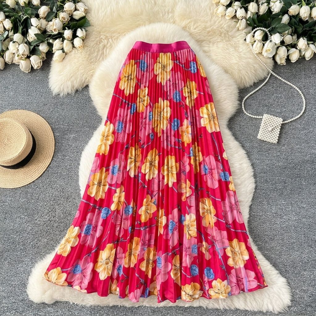 Women's Retro Print Pleated Skirt High Waist A-Line Midi Fashion Skirt for Commuting Summer Long Skirt European And American Style_ecoleips.com