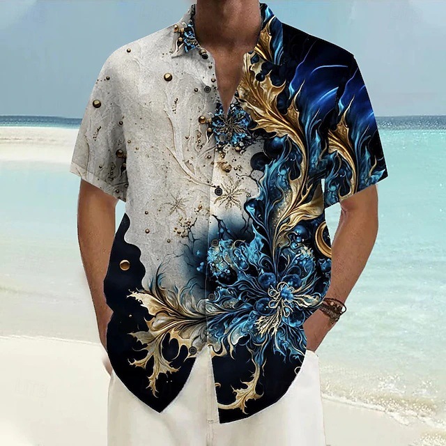 Camisa de manga corta con botones de manga corta de hombro suelto ancho de verano para hombre con estampado 3D tallado en metal floral colorido