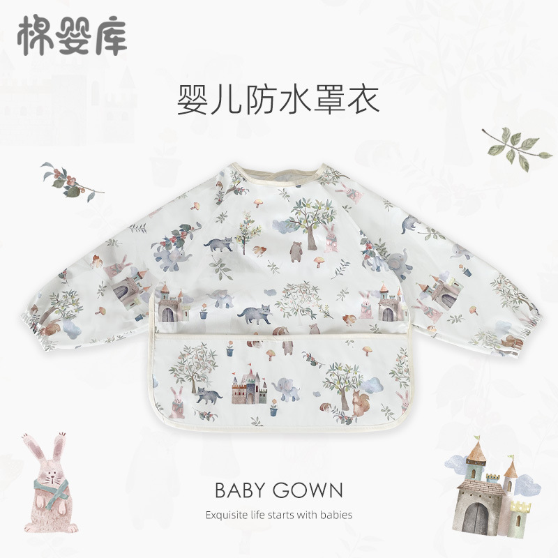 Cotton Baby Library Baby Bib Baby Eating Smock Kidsren's Four-Season Waterproof Rice Pocket Oil-Proof Bib Long-Sleeved Reverse Dressing