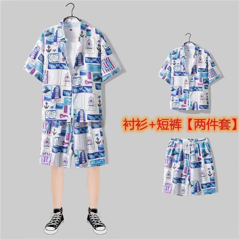 하와이 비치 슈트 남성 여름 반팔 셔츠 루즈 속건 캐주얼 반바지 남성 커플 슈트