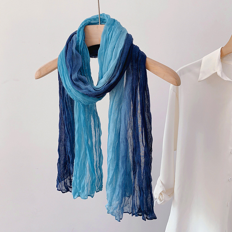 Cotton-linen textured twisted scarf with gradient color, versatile pleated shawl, vintage style, suitable for matching with clothes, wholesale neck scarf