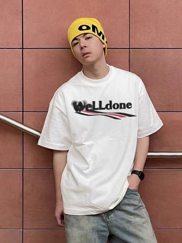 クロスボーダー卸売 25s トレンディなブランドヘビーウェイト WELL ニッチアメリカンスポーツルーズ男性と女性のカップルプリント半袖 T シャツ|undefined