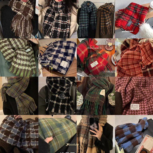 Vintage Green Checkered Pattern Scarf for Women, Fall and Winter Versatile Personality High-end Warm Hooded Scarf Korean Style New
