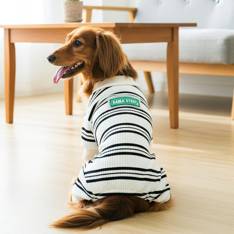 In-Stock Pet Clothing for Small Dogs and Cats, Black and White Striped Loungewear, Four-Legged Outfit, Teddy Bichon Jumpsuit