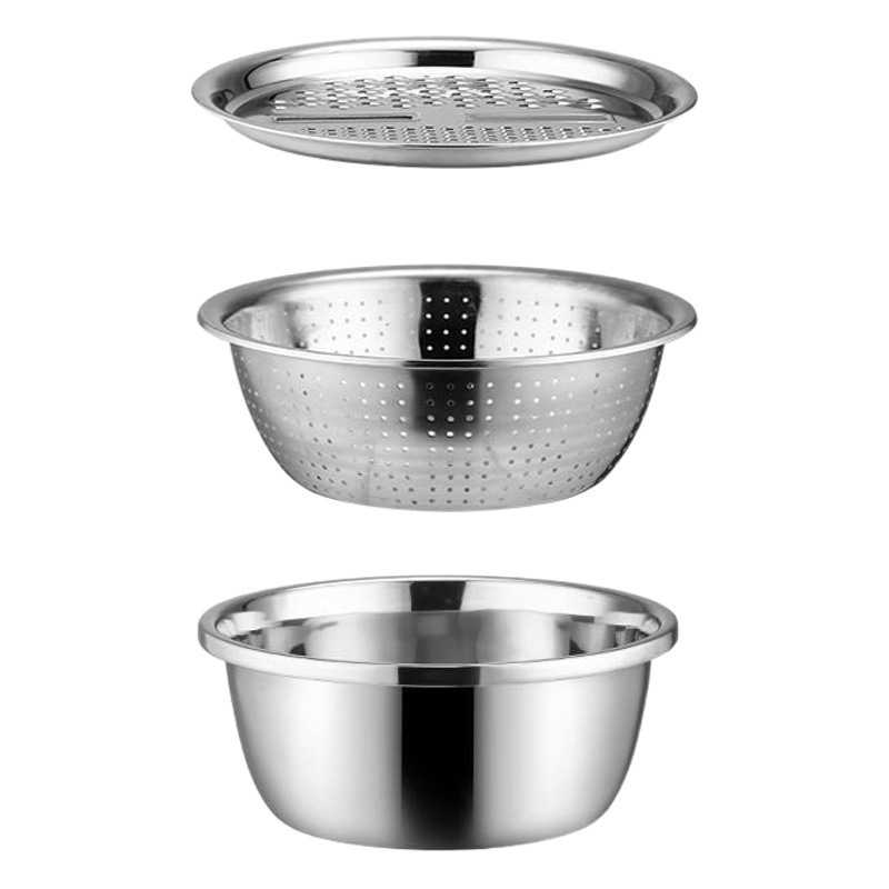 Rallador de acero inoxidable Cuenca de tres piezas cocina hogar rallador multifuncional cuenca de drenaje cuenca de lavado de arroz cuenca de drenaje cuenca de lavado de vegetales