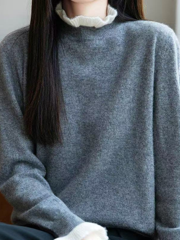 法式木耳花边领100%纯羊毛针织衫女2025秋冬新款拼色洋气保暖内搭|undefined