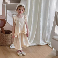2024夏新款韓版女童不規則木耳邊無袖上衣半裙套裝兒童背心裙套裝