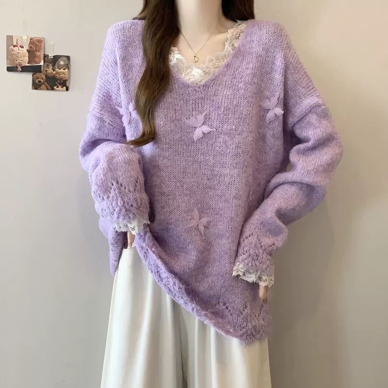 秋冬季韩系大码v领蕾丝立体蝴蝶针织毛衣女时尚洋气内搭外穿甜美|undefined