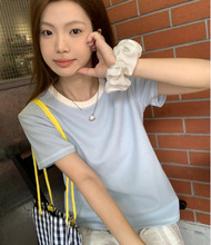 盐系华夫格短袖T恤女2023夏季韩版撞色圆领设计感正肩休闲上衣