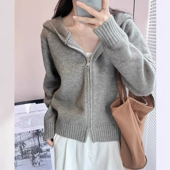 An Tinglu's New Autumn and Winter Collection: Heavyweight Lazy Style Hooded Cardigan for Women, Double Zipper Knit Sweater Coat for Women