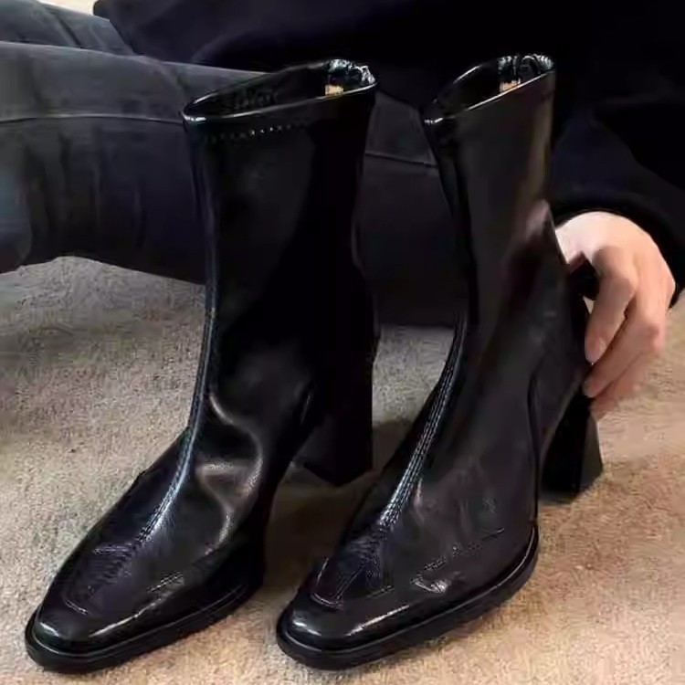 软皮版~法式方头气质高跟瘦瘦靴女英伦风真皮复古后拉链弹力短靴|undefined