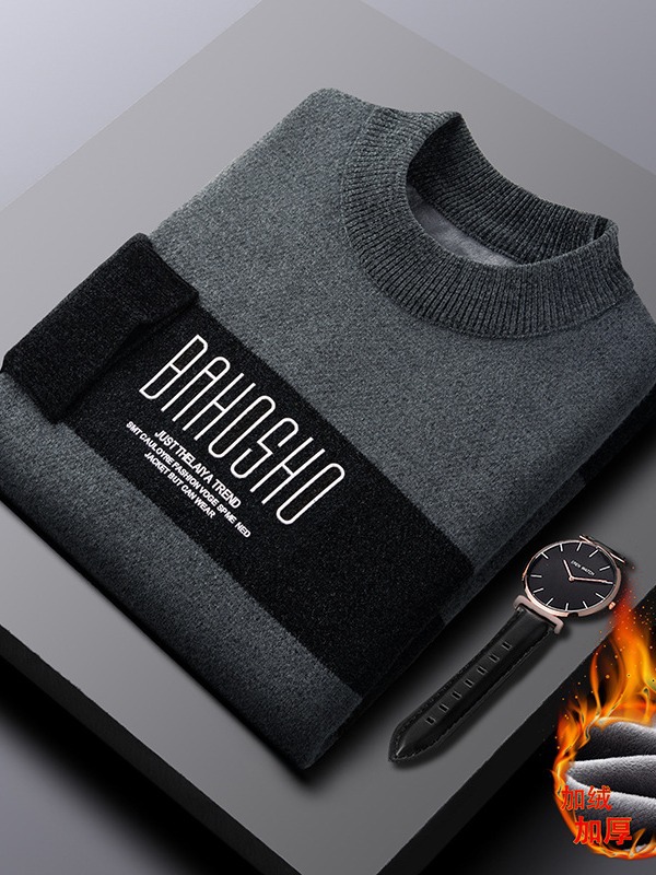 Suéter de los hombres de piel de hurón forrado de lana engrosada cuello redondo bottoming Top flojo invierno cálido suéter de los hombres al por mayor