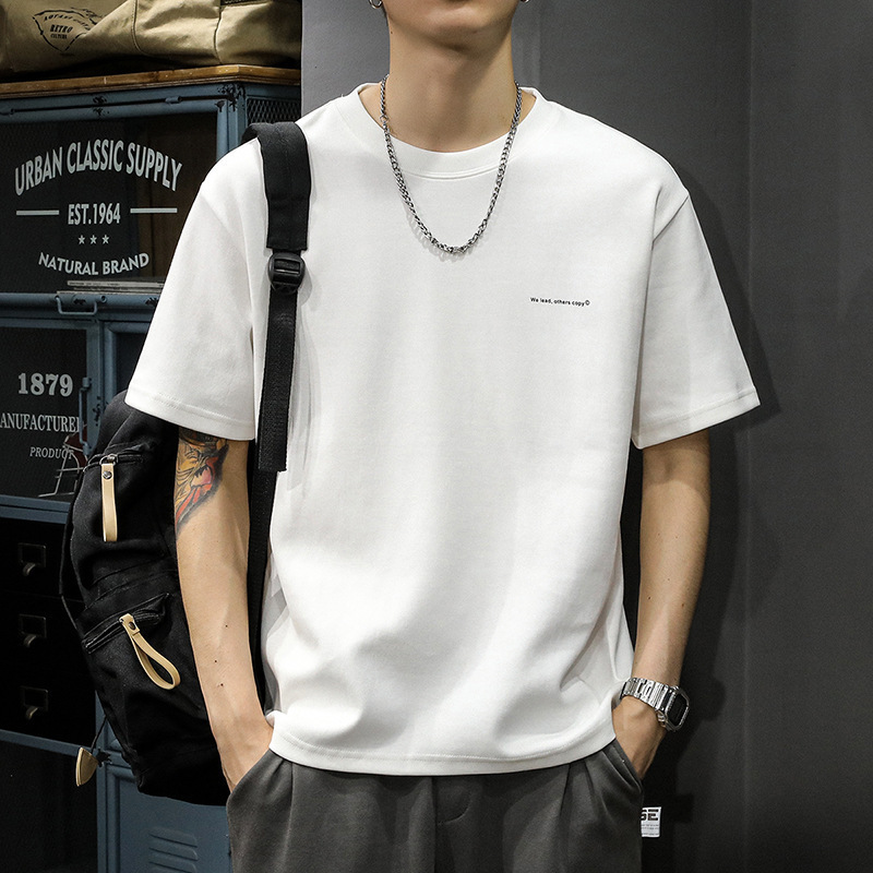 厚手の半袖Tシャツメンズ夏新作アメリカンコットントレンディブランドボトムホワイトルーズ半袖Tシャツ|undefined