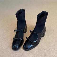 （现货）甜美风蝴蝶结漆皮长筒弹力袜靴女粗跟黑色高筒瘦瘦靴