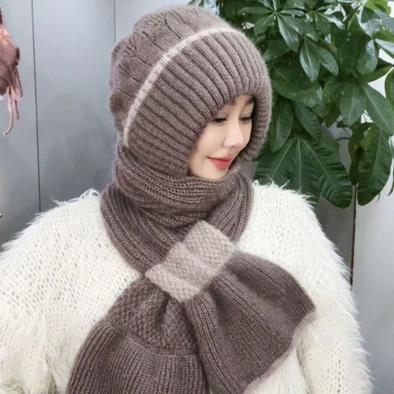 帽子とスカーフが一体化した女性の新しい秋冬ニット防風帽子、暖かいプラスベルベットママファッション耳保護ウール帽子|undefined