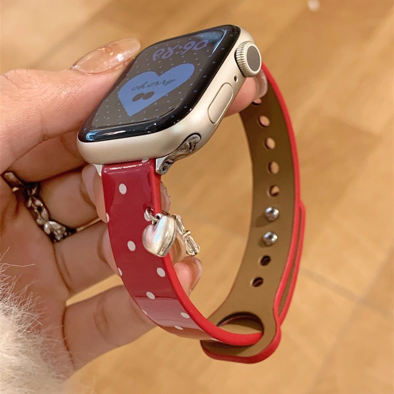 Love Polka Dot Patent Leather Suitable for Apple Watch iWatch 11 Generation Double Stud Women's Watch Strap Apple Watch987Se