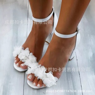 2022 cross-border independent station Amazon summer European and American style silk flower buckle chunky heel plus size women's sandals X422