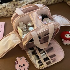 新しいダブルワイドオープン化粧品バッグ、大容量のパーティション付き、ポータブル、見栄えの良い女性の旅行に不可欠なトイレタリー収納バッグ