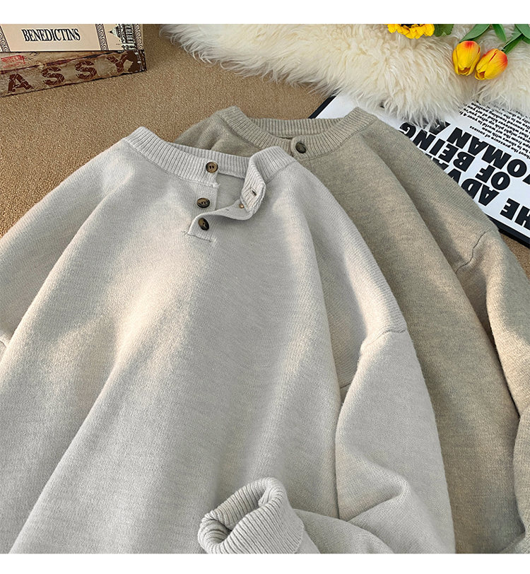 Cleanfit Henley Knit Sweater – Heavyweight Relaxed Pullover With Ribbed Hem_voghion.com