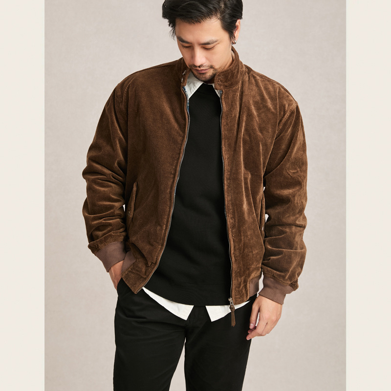American Style Zipper Jacket Vintage Men's Brown Loose Collar Tooling High-end Corduroy Men's Jacket Spring and Autumn