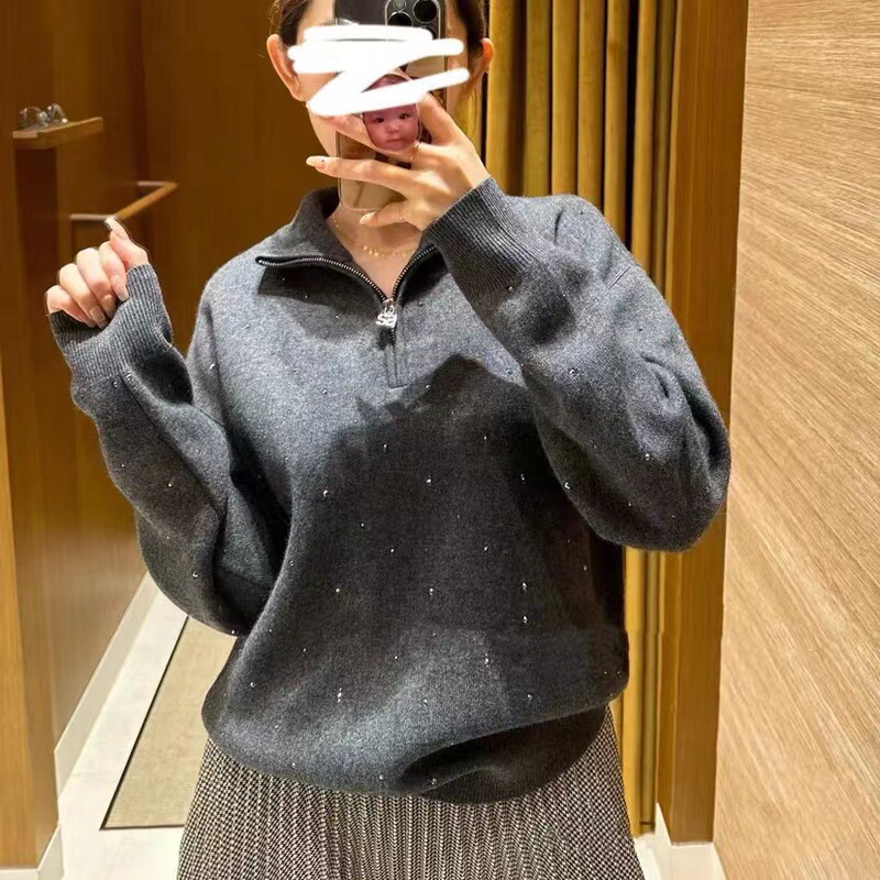 2024 autumn and winter new French simple loose rhinestone zipper gray sweater sweater women's in stock