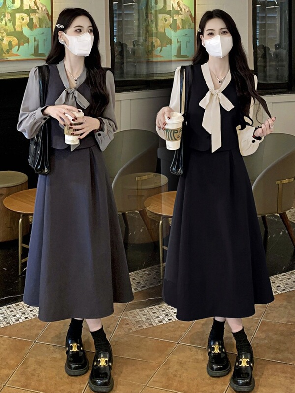Plus Size Women's Spring and Autumn Slimming French Style Faux Two-Piece Dress with a High-End and Elegant Long Skirt