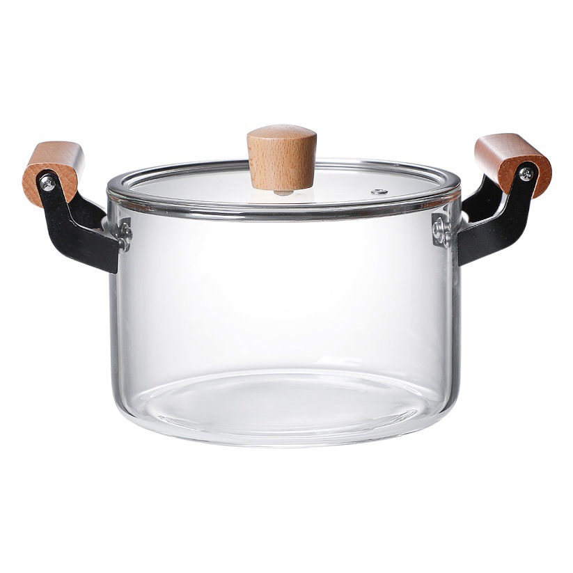 Fábrica al por mayor olla de sopa de vidrio transparente con tapa mango de madera patrón vertical multi-estilo olla de fideos olla de sopa de vidrio