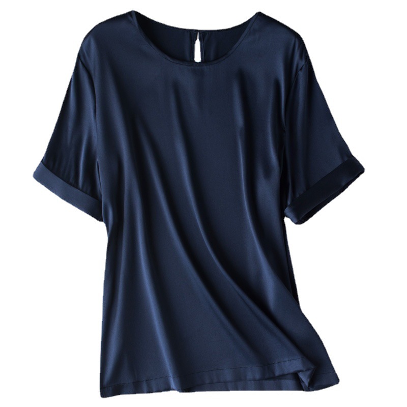 Silk short sleeve top women's 2023 summer new mulberry silk versatile crewneck T-shirt temperament Korean satin outerwear