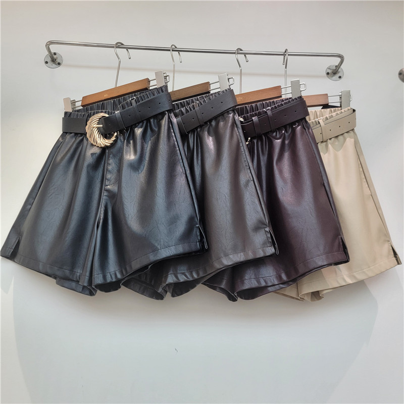 Pantalones Cortos A-Line de Cuero PU de Cintura Alta para Mujer