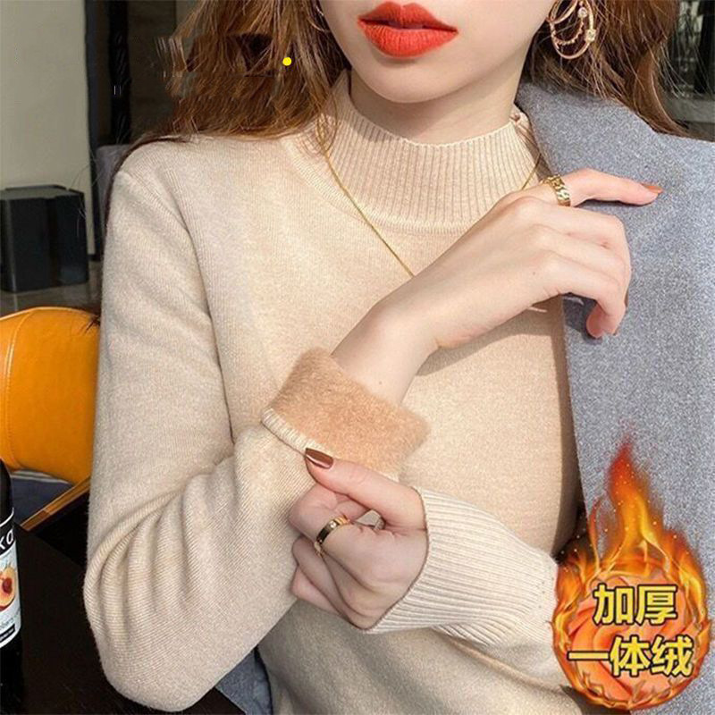 High-quality fleece-lined sweater, new style, thickened and warm knitted sweater for women, semi-high neck, autumn and winter inner layer.