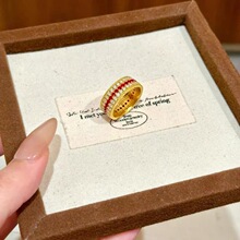 18k金三排繁星戒指女au750轻奢百搭红宝石戒蔷薇石莫桑钻水贝黄金