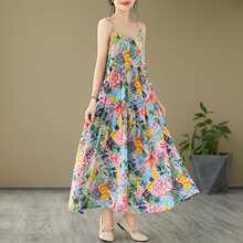 现货实拍2024新款宽松大码棉麻连衣长裙胖mm印花吊带裙女