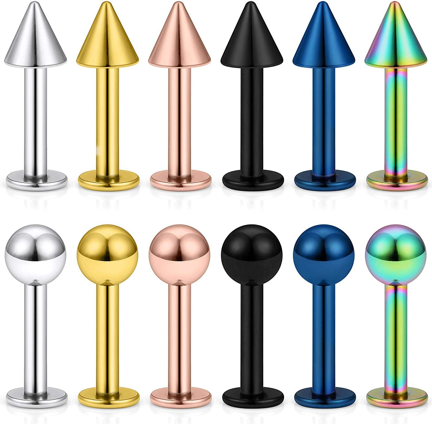 Acero inoxidable labio uñas afilado cono esférico multi-color multi-tamaño moda cuerpo piercing joyería hip hop oído espárragos hueso del oído uñas