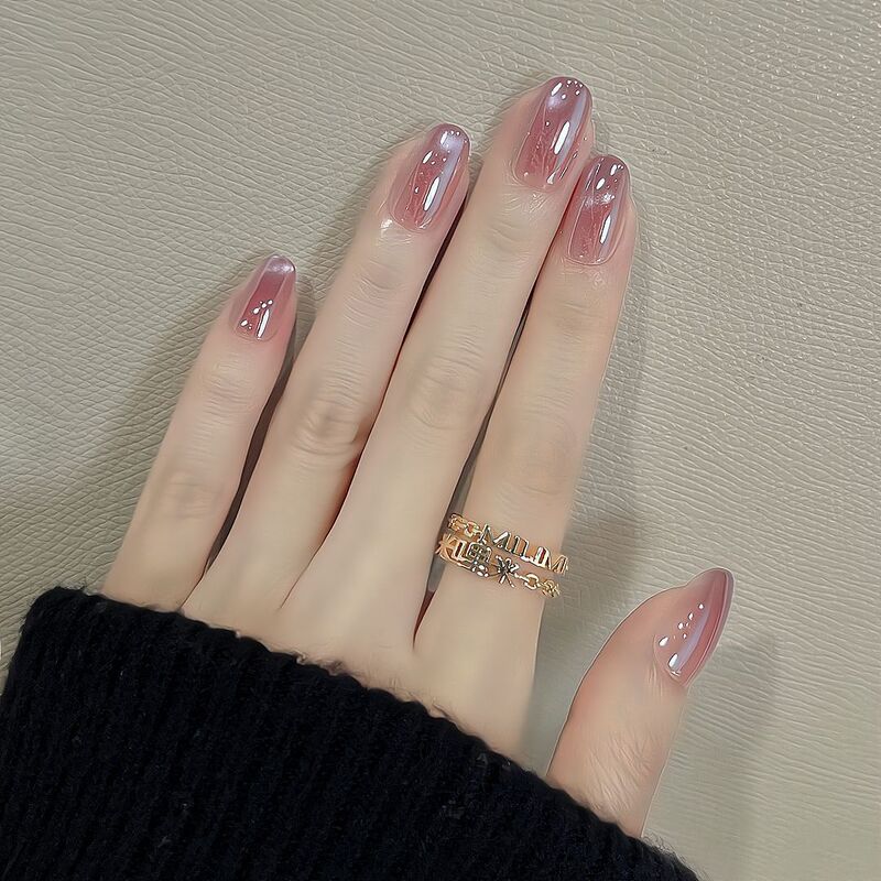 [Ling Luo Original] Purple Electroplated Cat Eye Short Oval Daily Whitening High-End Handmade Wearable Nail Products Wholesale