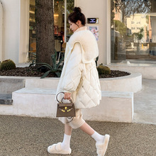 實拍韓版米白色連帽羽絨服女冬季高級設計感抽繩收腰大毛領面包服
