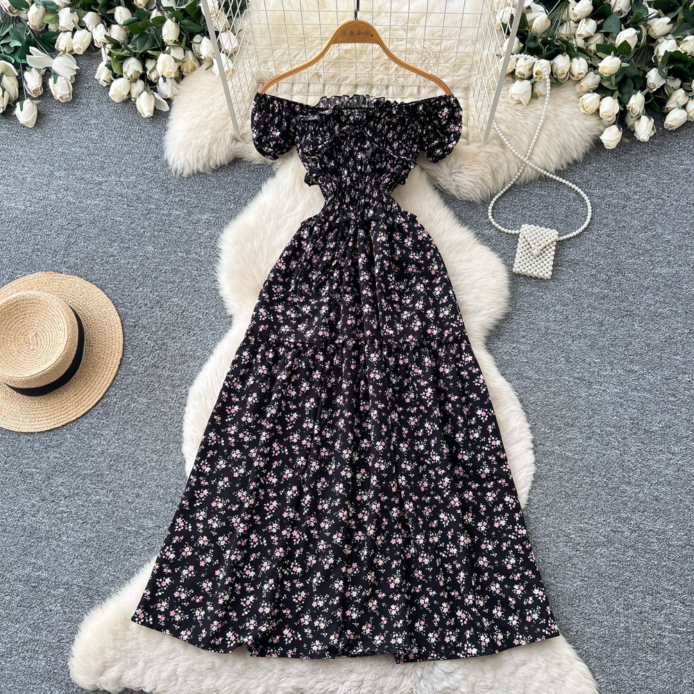 Women's French Sweet Style Square Neck Floral Dress Summer Korean Pleated Waist Tie A-Line Elegant Long Red Dress_ecoleips.com