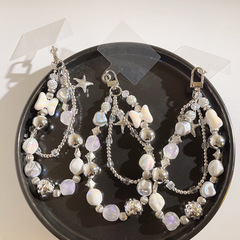 高級銀星星蝴蝶結雙鏈串珠掛飾通用手機殼包包飾品短款手機掛繩女