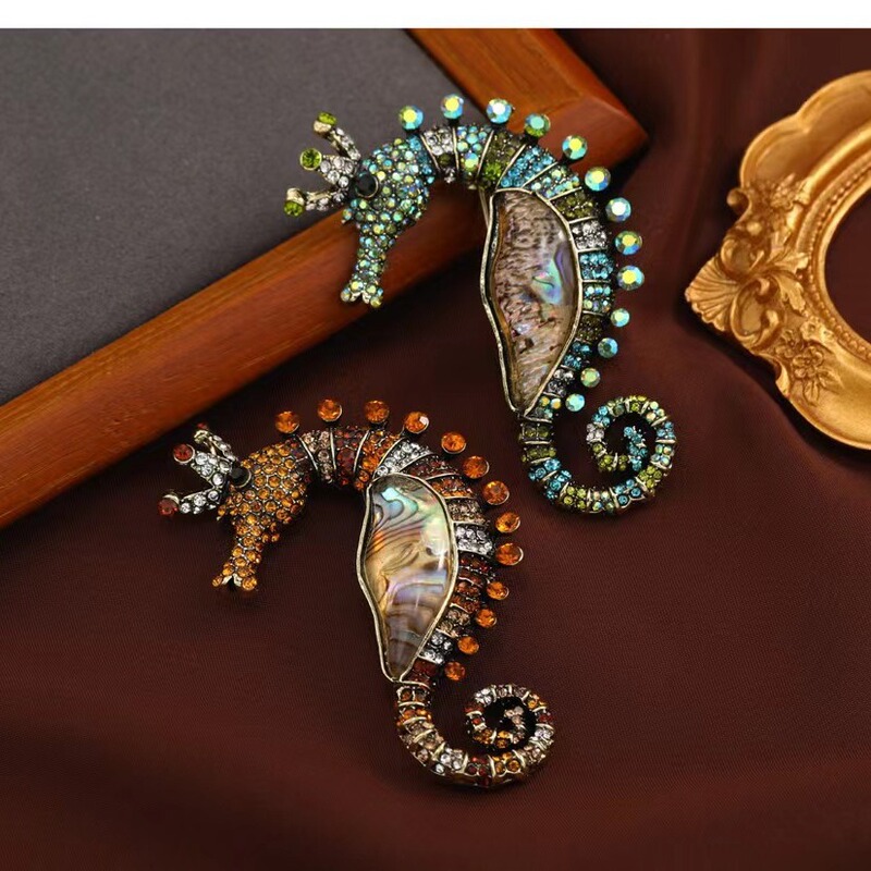 Vintage shell Haima brooch heavy industry rhinestone marine life pin coat suit jacket clothing for men and women