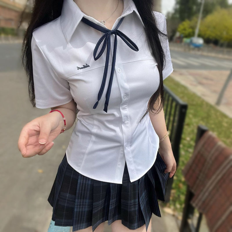 2025 Embroidery J New Style K Waist Slim Short-Sleeved Shirt White Versatile Uniform College Pure Lust Style Shirt