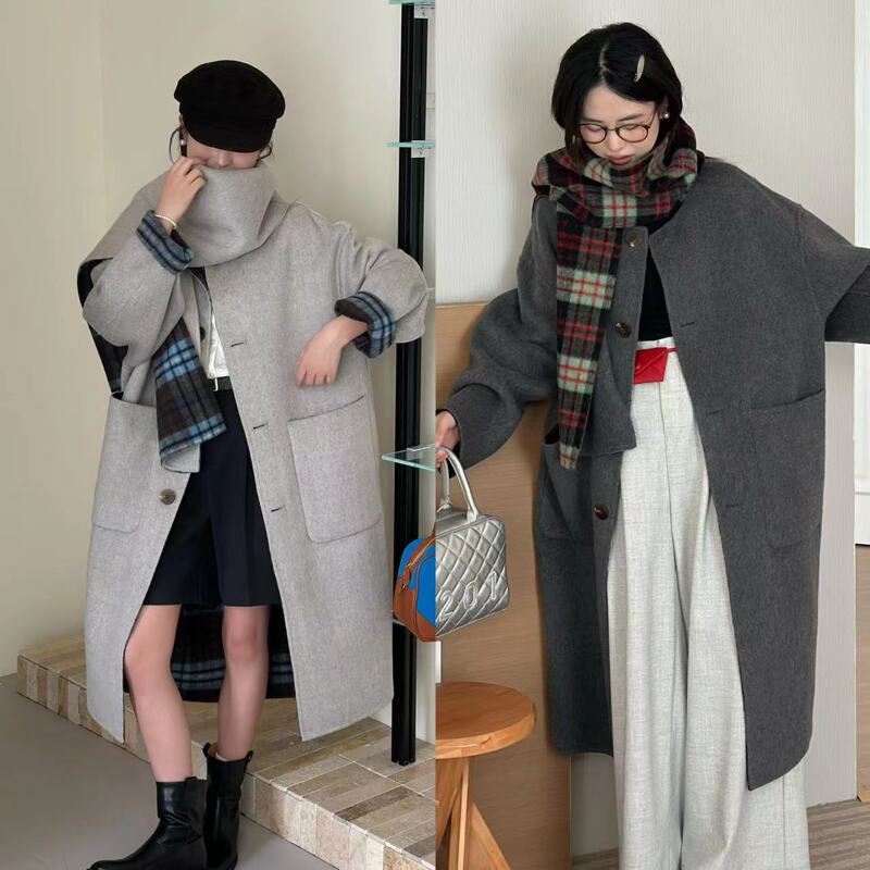 Western Queen Mother Limited Edition ~ Autumn and Winter Atmosphere Coat Double-sided Wearable Scarf Plaid Wool Coat Autumn and Winter