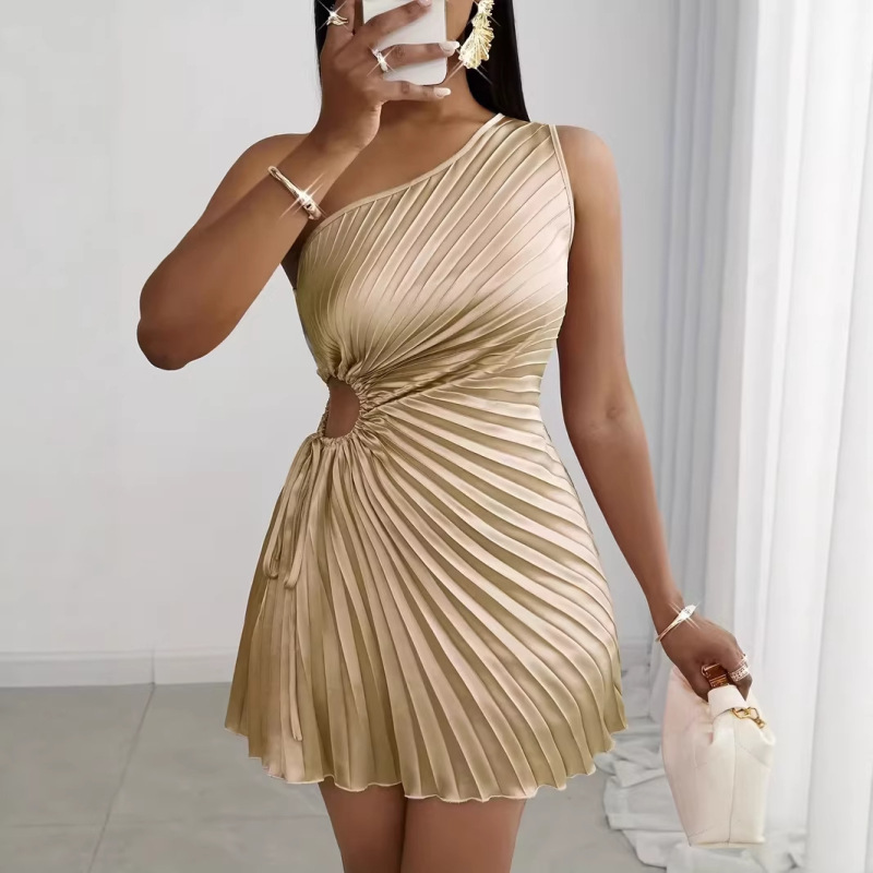Asymmetrical Satin Pleated Skirt with Cutout Drawstring Design, Slim-Fit Short Dress in a Party Girl Style