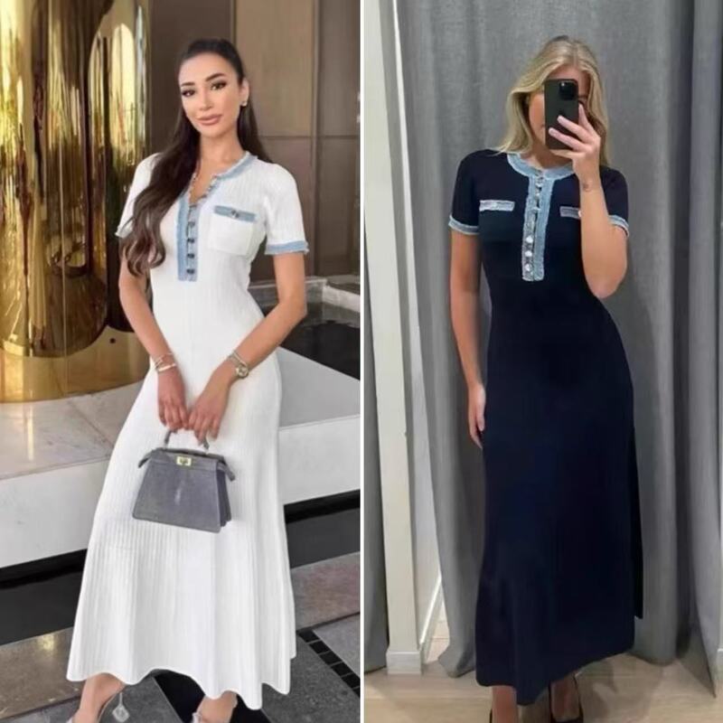 European and American Style Denim Tassel Trim Splicing Round Neck Metal Buckle Slim Knitted Dress Women's Elastic Tight Hip-Hugging